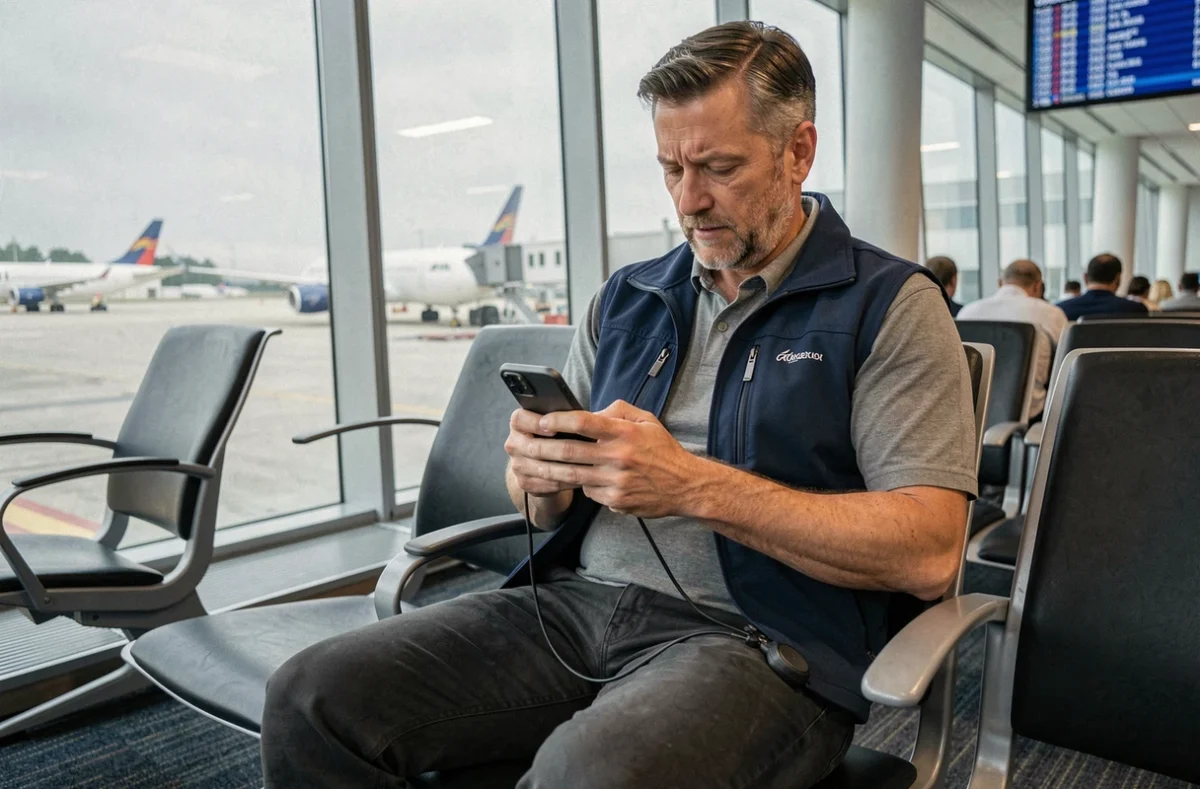 Homme utilisant un cordon anti-vol rétractable pour sécuriser son téléphone portable dans un aéroport lors d'un voyage