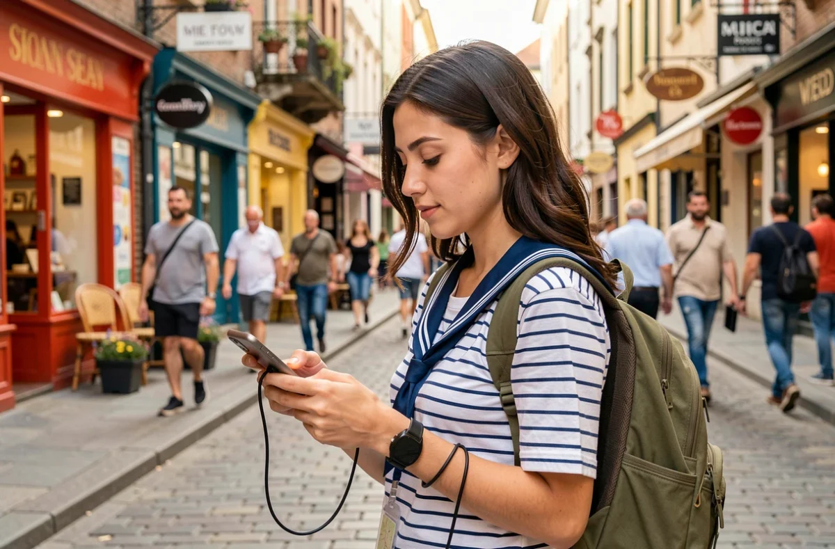 Jeune femme portant un cordon anti-vol autour du poignet pour protéger son téléphone portable lors d'une visite touristique en ville