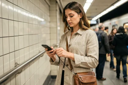 Femme attachant un cordon anti-vol à son téléphone portable dans le métro pour sécuriser son smartphone lors de ses déplacements