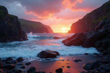 Côte dramatique de Terre-Neuve au lever du soleil avec falaises et vagues