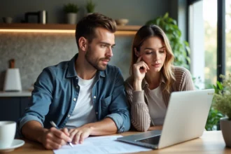 Jeune couple professionnel discutant de prêt immobilier à la maison