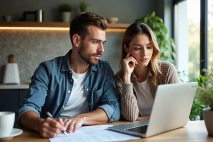 Jeune couple professionnel discutant de prêt immobilier à la maison