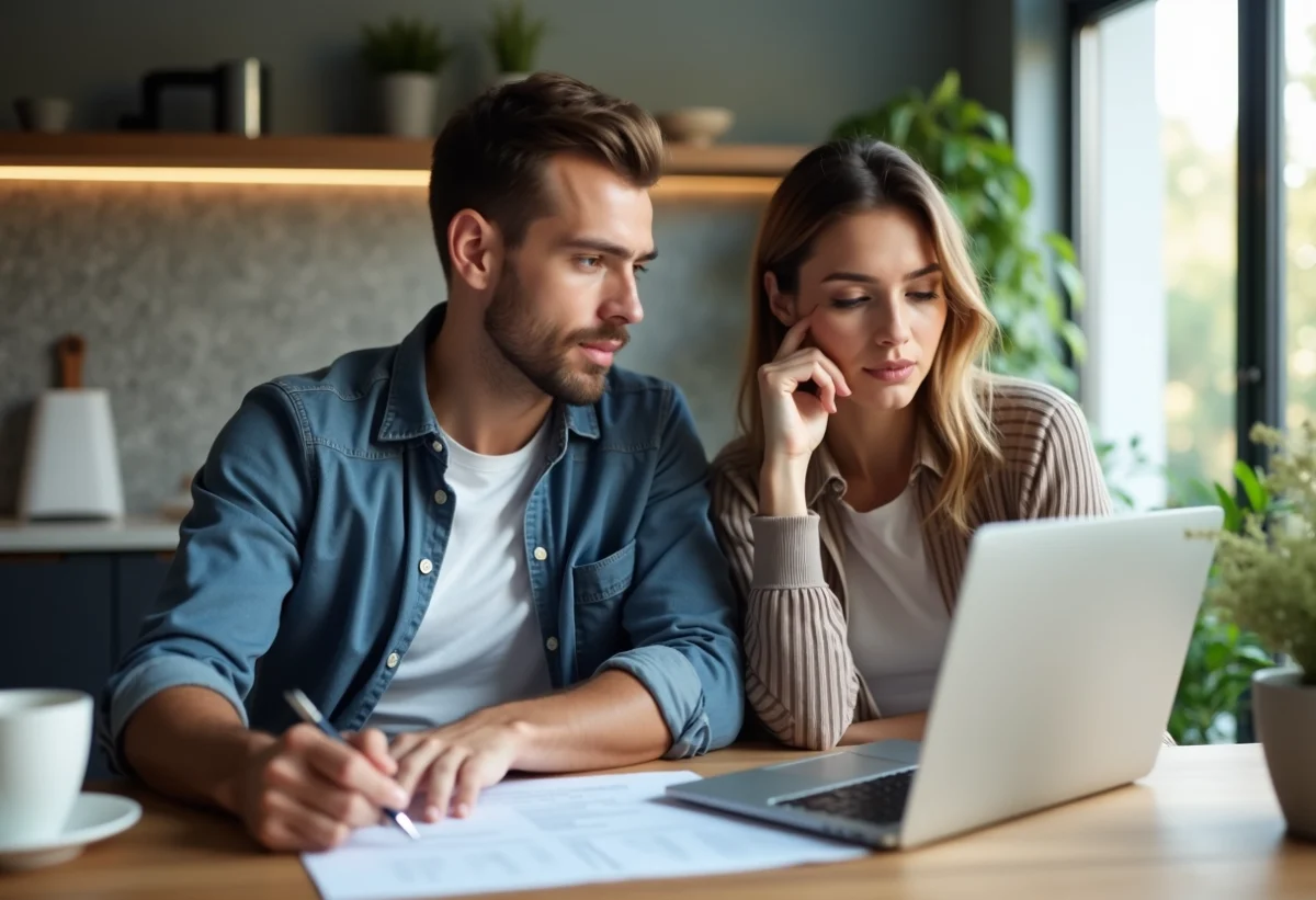 Jeune couple professionnel discutant de prêt immobilier à la maison