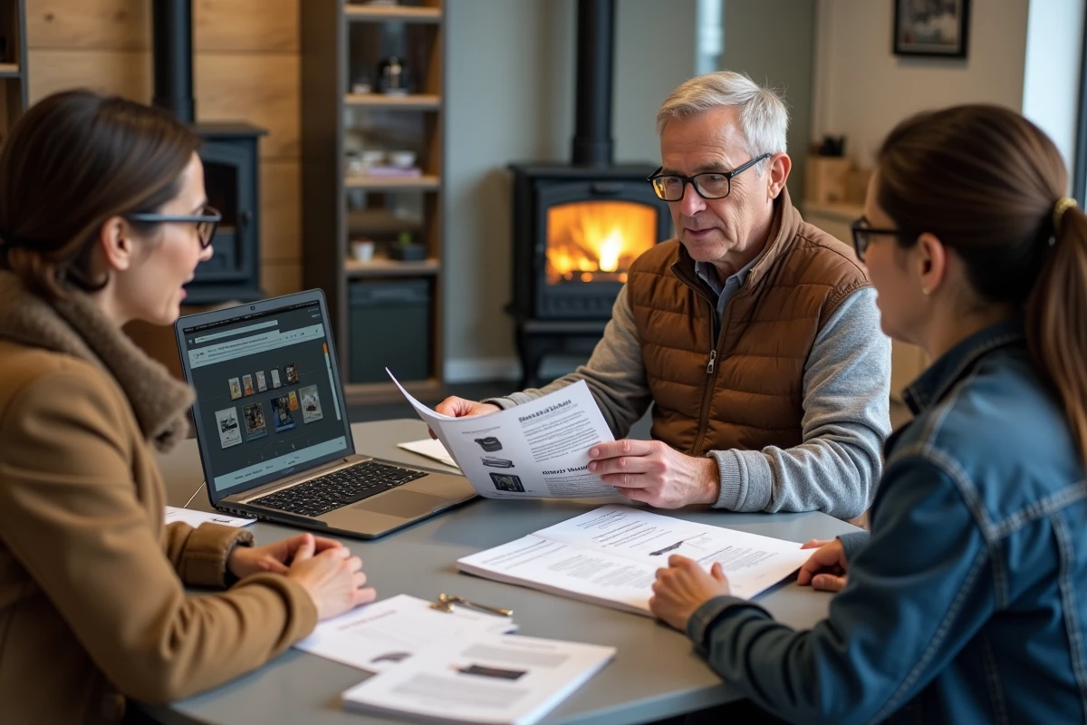 Couple en consultation avec une spécialiste poêles dans l'espace conseil d'un magasin de chauffage