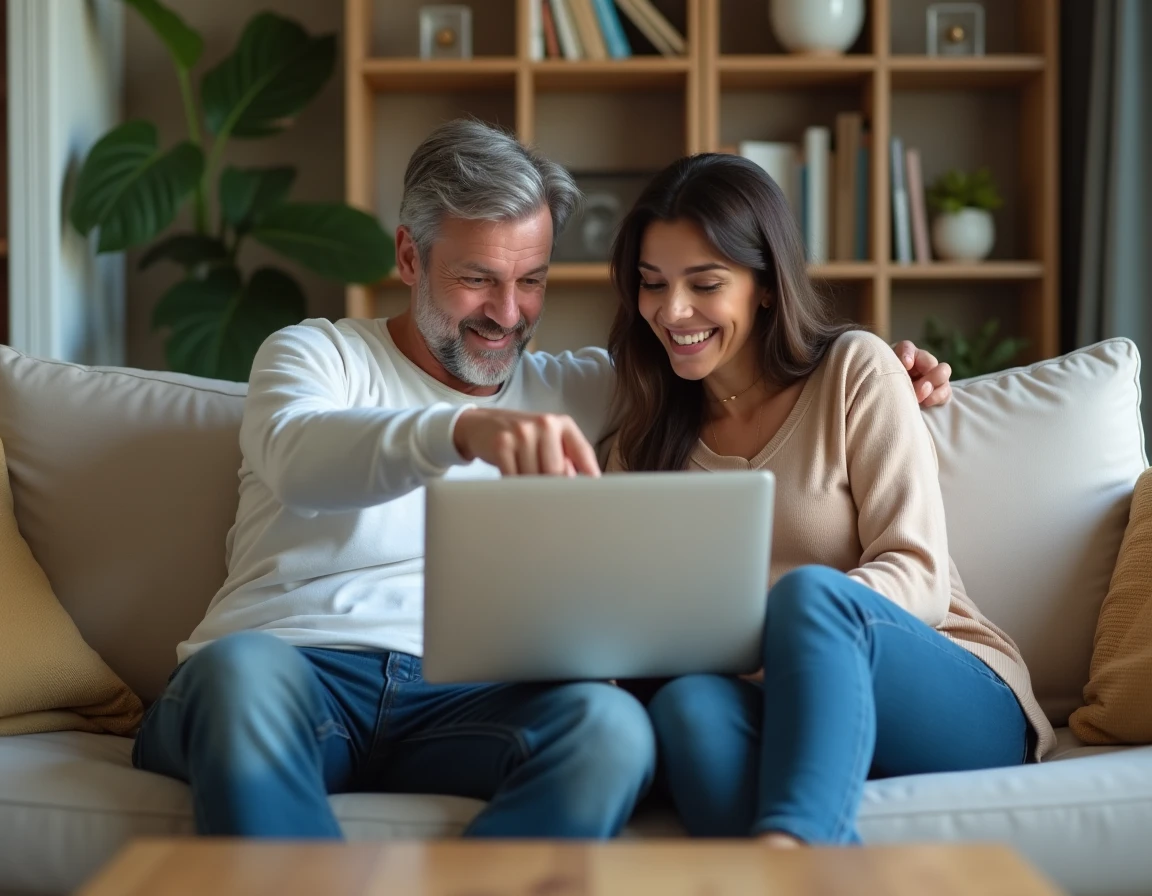 Couple découvrant ensemble un site de réductions et bons plans sur ordinateur dans leur salon