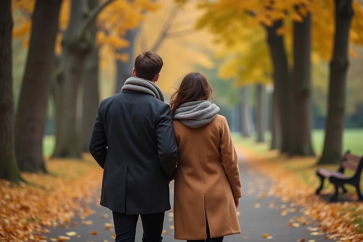 Couple discret se promenant dans un parc en automne, illustrant la protection de la vie privée sentimentale