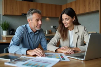 Couple en discussion de documents immobiliers à la maison
