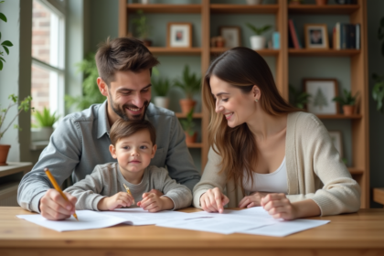 Couple souriant avec enfant dessinant dans un salon lumineux