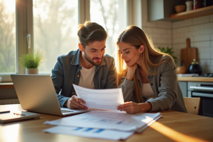 Jeune couple à la cuisine examine documents financiers