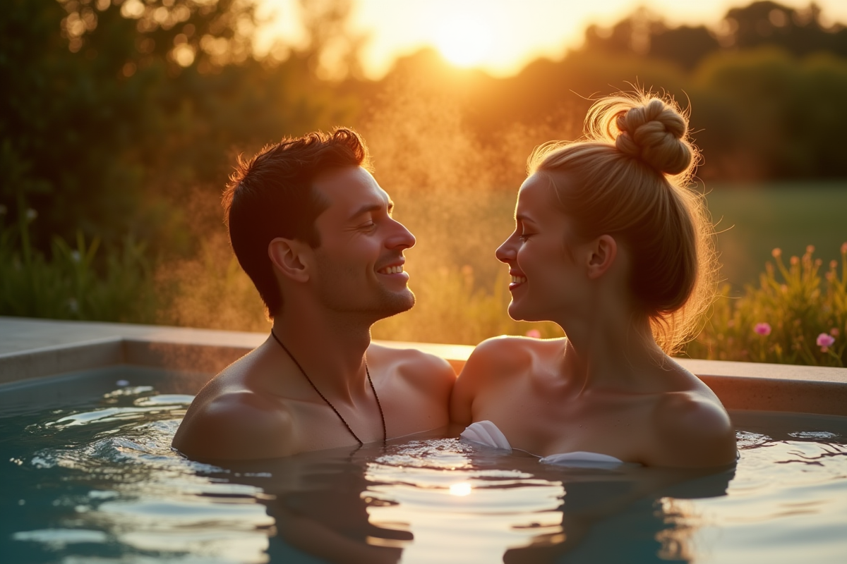 Couple relaxant dans un bain extérieur au coucher du soleil