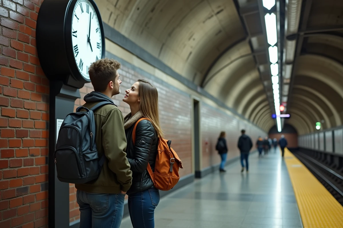 Couple de voyageurs regardant une horloge dans une station de métro de Washington D.C.