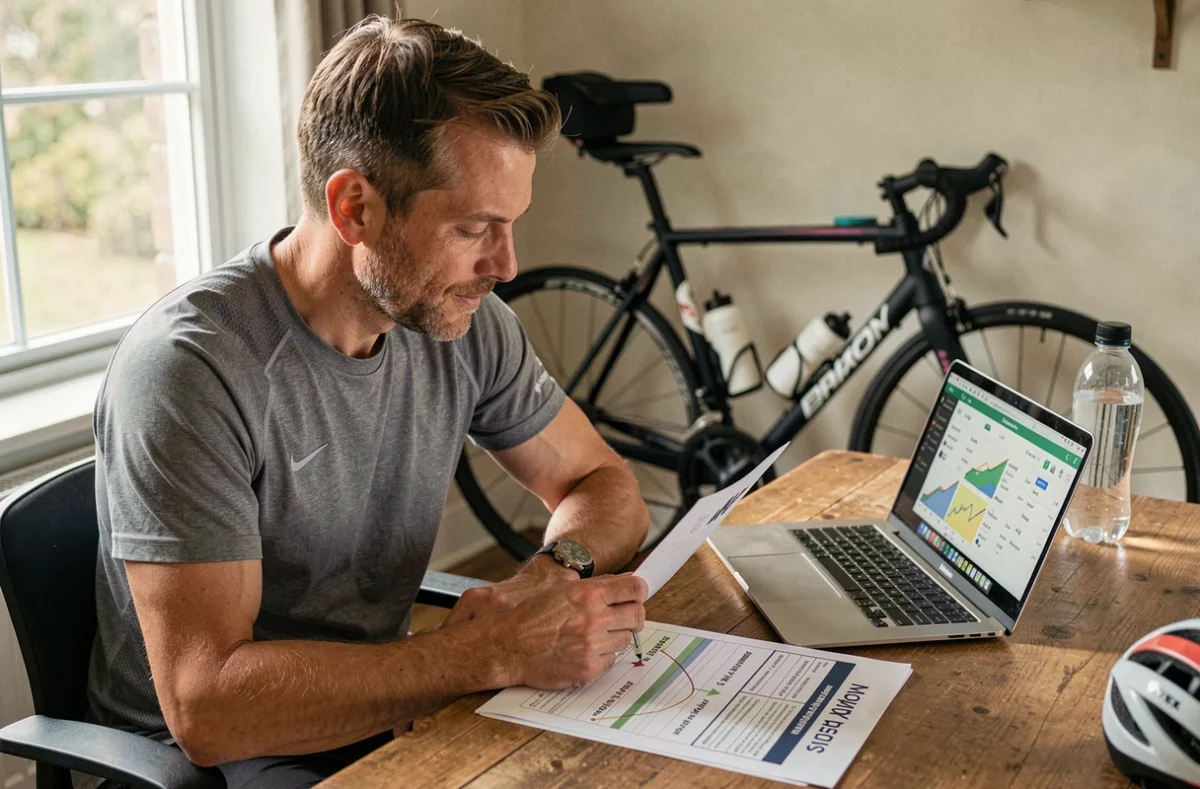 Cycliste masculin analysant un plan d'entraînement avec distances en kilomètres et miles dans un bureau à domicile