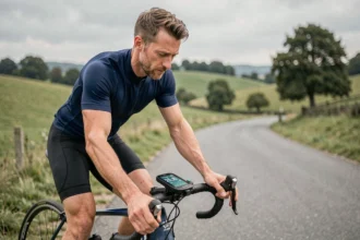 Cycliste masculin sur route de campagne consultant son compteur GPS avec données de vitesse et de distance