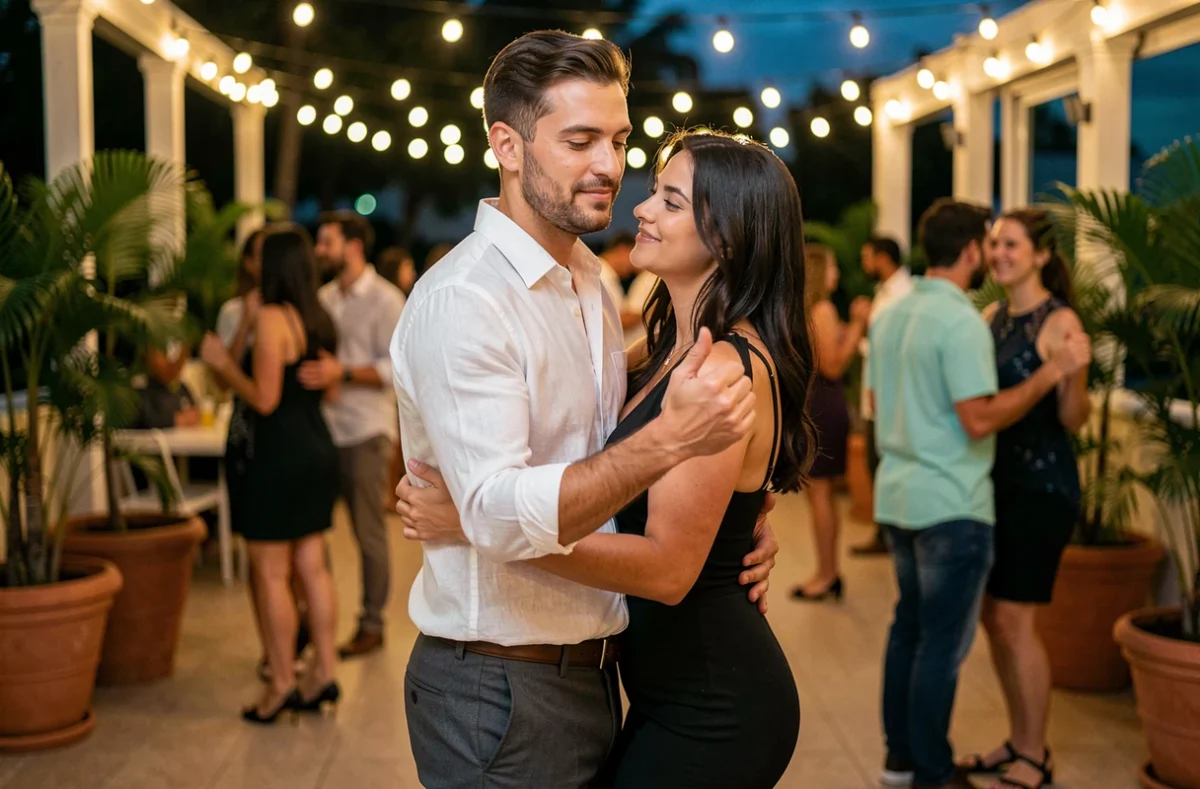 Danseur de zouk en chemise blanche guidant sa partenaire lors d'une soirée dansante en plein air