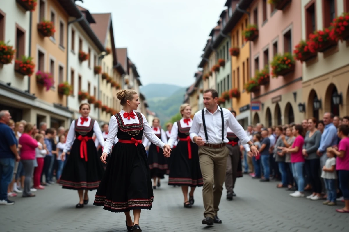 Danseurs en costumes traditionnels alsaciens lors d'un défilé folklorique dans les rues pittoresques de Colmar