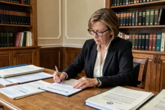 Femme professionnelle annotant des textes officiels avec des définitions administratives sur un bureau institutionnel
