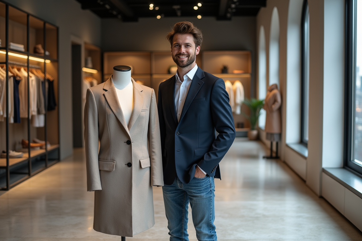 Jeune styliste inspecte une robe dans une boutique élégante
