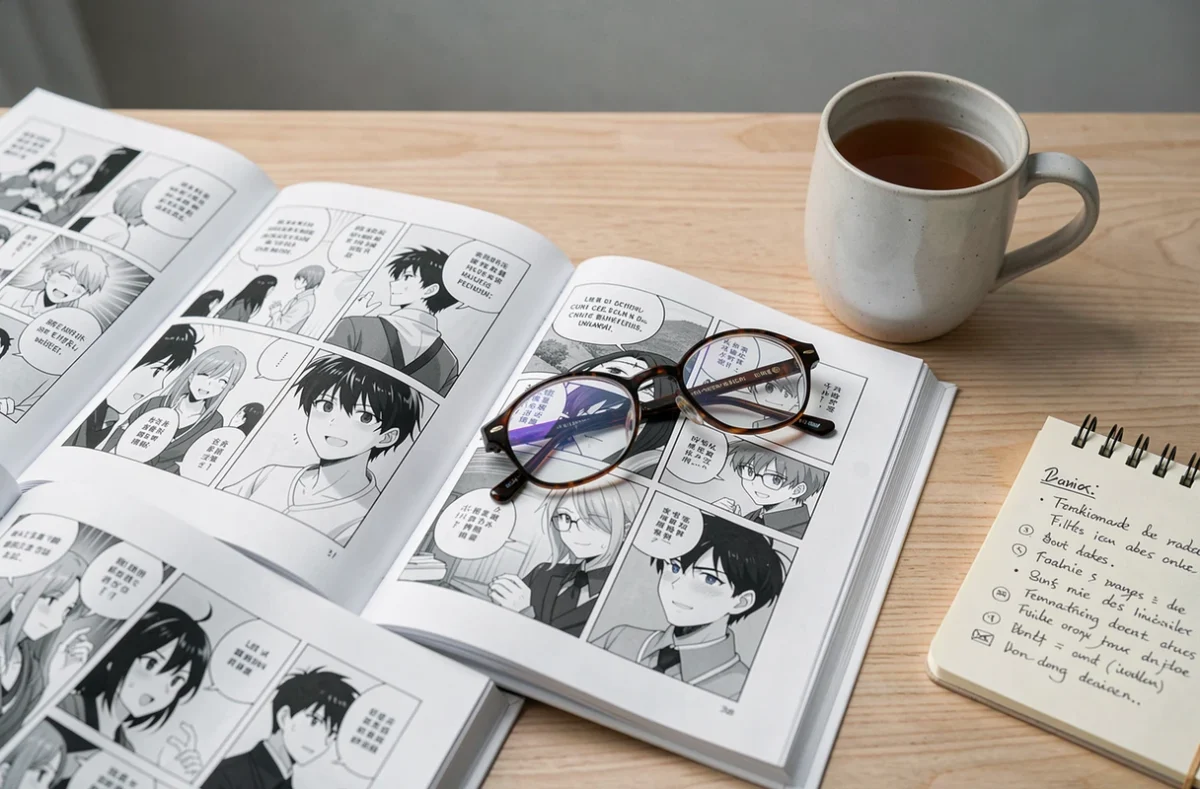 Gros plan sur des volumes de manga et manhwa ouverts en version française avec bulles de texte en français sur un bureau en bois