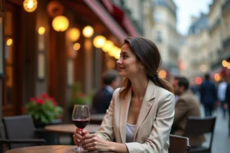 Femme décompressant en terrasse de café parisien après le travail avec un verre de vin rouge au crépuscule