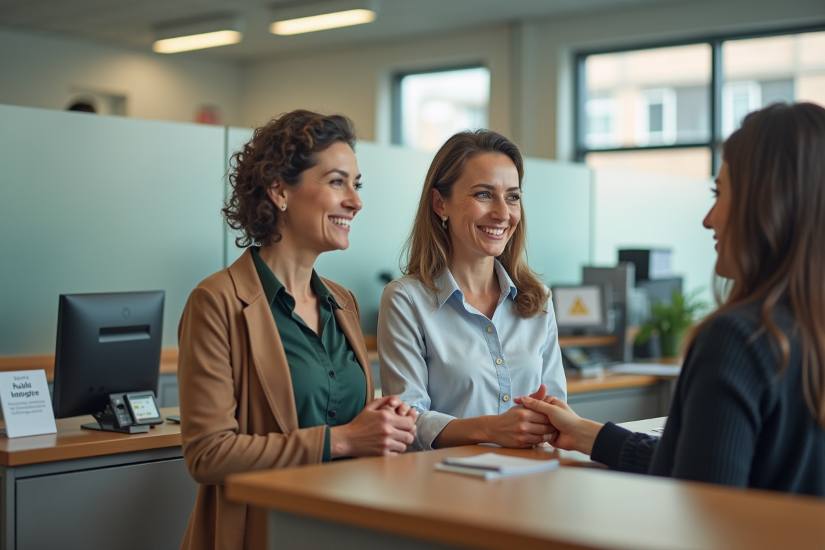 Deux femmes d age moyen discutant à un guichet administratif