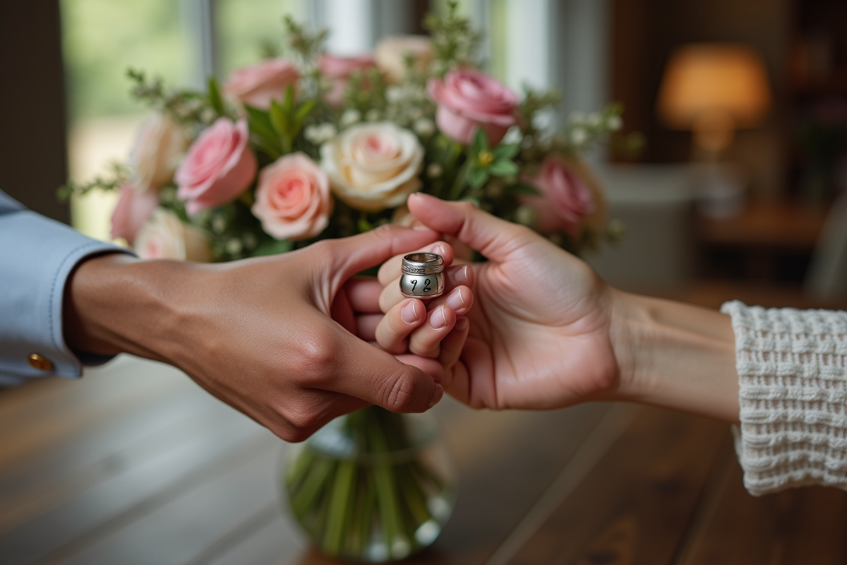 Main échangeant des bagues gravées pour 7 ans de mariage