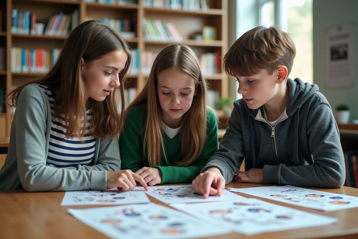 Groupe d'élèves discutant de modèles d'affiches pour l'élection du délégué de classe dans une bibliothèque scolaire