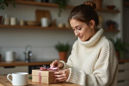 Femme emballant un cadeau à moins de 5 euros avec du papier kraft et un ruban satiné rose sur une table en bois rustique