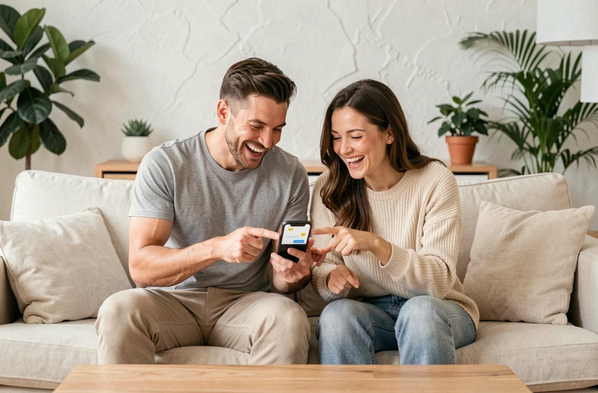 Deux amis découvrant ensemble l'emoji merci dans une conversation sur smartphone dans un salon moderne