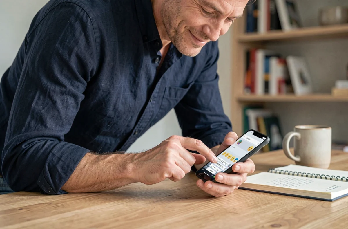 Homme cherchant l'emoji merci sur le clavier Android dans un bureau à domicile
