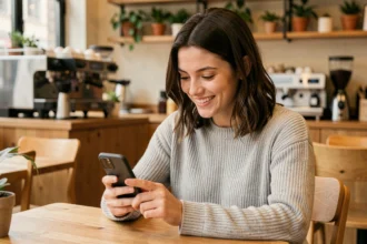 Jeune femme souriant en envoyant un emoji merci sur son iPhone dans un café moderne