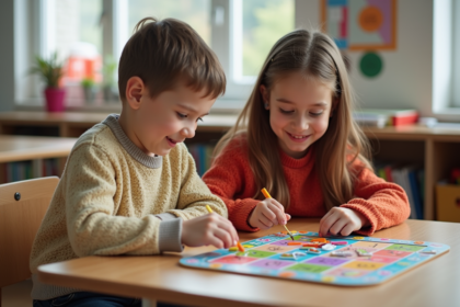 Deux enfants jouent à un jeu éducatif dans une classe lumineuse
