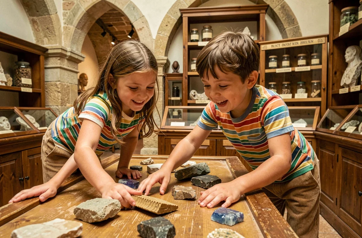 Enfants explorant des fossiles et minéraux lors d'une sortie au muséum d'histoire naturelle de Lyon