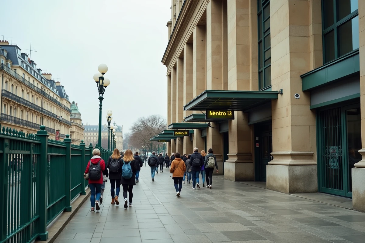 Entrée d'une salle de concert parisienne accessible depuis la sortie du métro ligne 13 avec des spectateurs arrivant