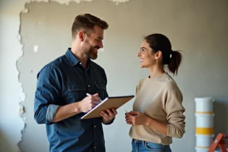 Entrepreneur en construction avec propriétaire dans un intérieur en rénovation