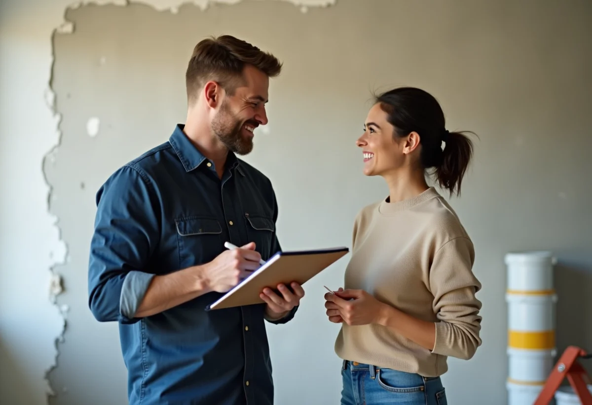 Entrepreneur en construction avec propriétaire dans un intérieur en rénovation