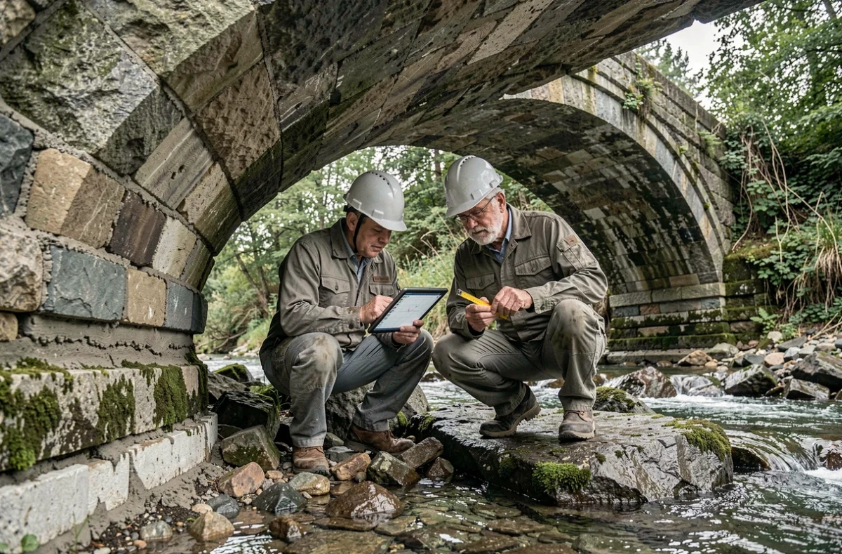 Équipe d'ingénieurs inspectant les fondations et les joints d'un pont en pierre depuis la berge, analyse structurelle sur le terrain