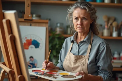 Artiste peintre mélangeant des couleurs pour obtenir du marron sur une palette avec des erreurs de mélange visibles