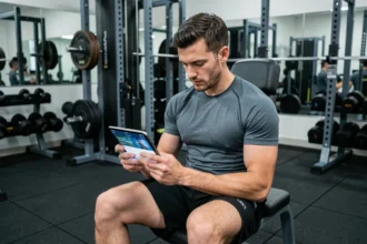 Homme consultant son espace membre fitness sur une tablette dans une salle de sport à domicile