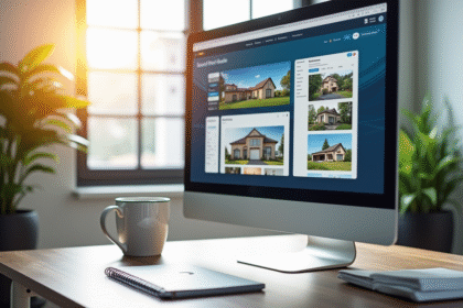 Espace de travail moderne avec écran immobilier lumineux