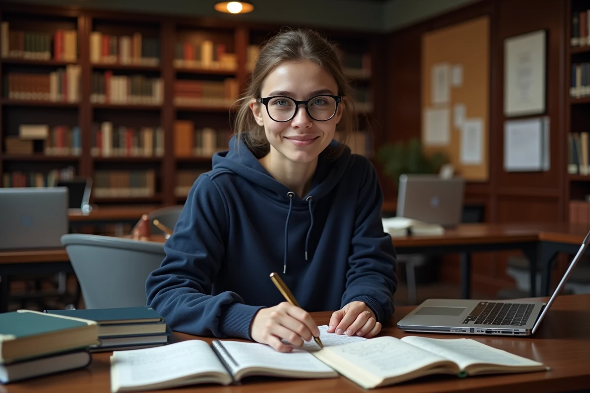 Étudiante en physique révisant les équations du champ électrique et du champ magnétique dans une bibliothèque universitaire avec des manuels d'électromagnétisme