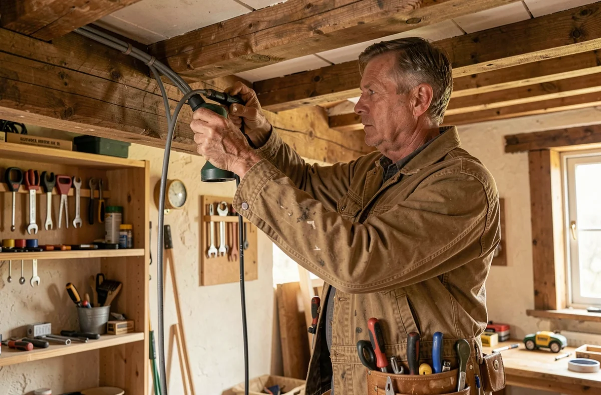 Artisan électricien d'EURL Champire passant un conduit dans une charpente en bois d'une maison traditionnelle