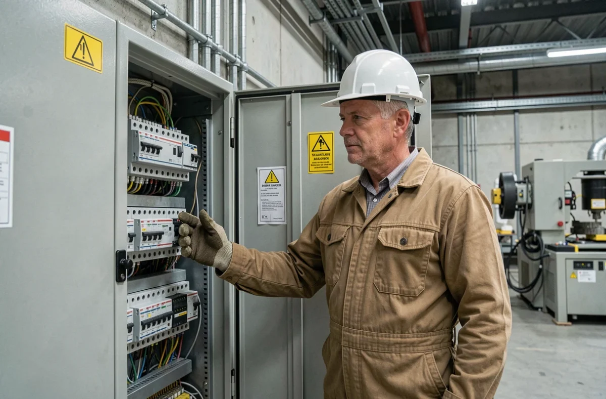 Électricien industriel d'Exim inspectant une armoire électrique complexe dans un site industriel à Angers