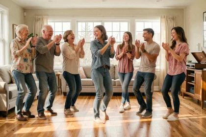 Famille multigénérationnelle dansant le madison ensemble dans un salon chaleureux, adultes et adolescents en ligne synchronisée