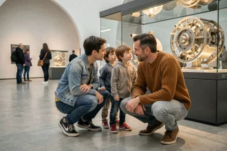 Famille avec enfants découvrant une exposition interactive dans un musée à Lyon le week-end