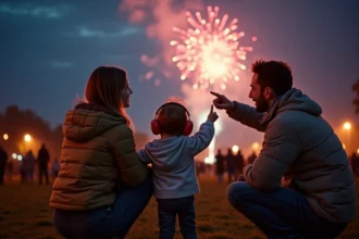 Famille avec jeune enfant regardant un feu d'artifice à Villeneuve d'Ascq, casque anti-bruit sur les oreilles du tout-petit