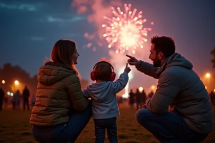 Famille avec jeune enfant regardant un feu d'artifice à Villeneuve d'Ascq, casque anti-bruit sur les oreilles du tout-petit