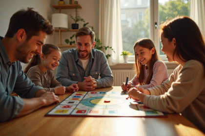 Famille jouant au jeu Cluedo sur une table en bois lumineux