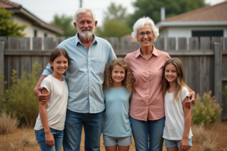 Famille multigenerational dans un jardin sec et en difficulté