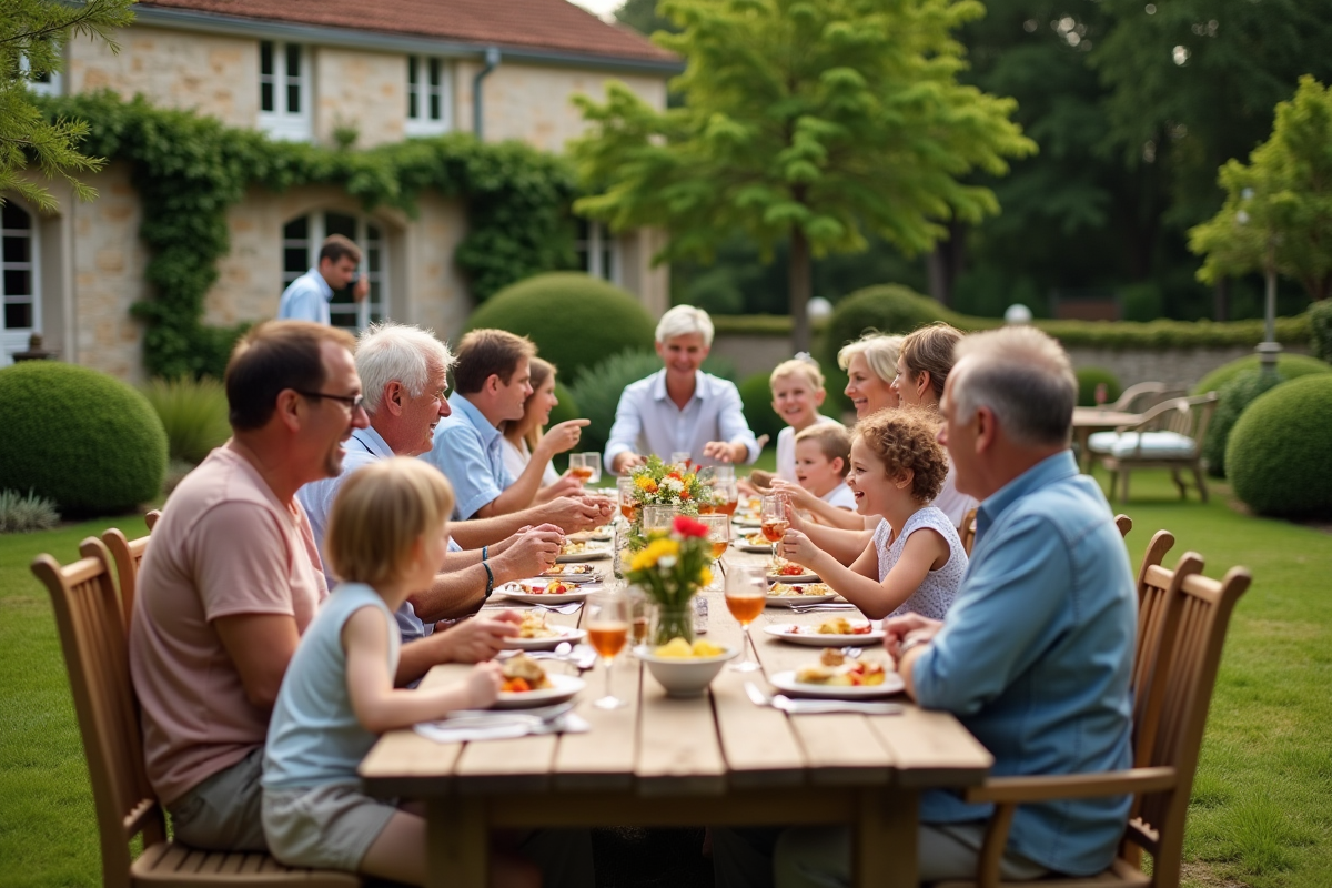 Famille multigenerational française réunie dans un jardin
