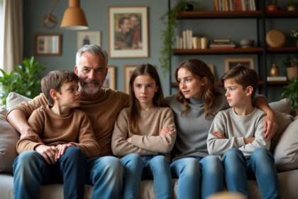 Famille recomposée dans le salon avec atmosphère tendue